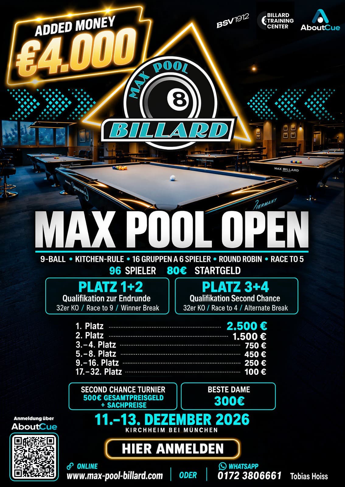 Turnierplakat Max Pool Open, 11. bis 13. Dezember 2026 in Kirchheim bei München, 4.000 Euro Added Money
